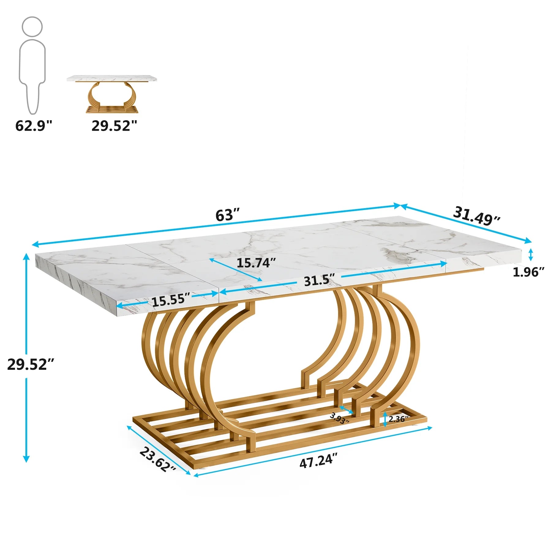 63 Inch Dining Table, Rectangular Dinner Room Table Kitchen Table for 6-8 People, Black & Gold