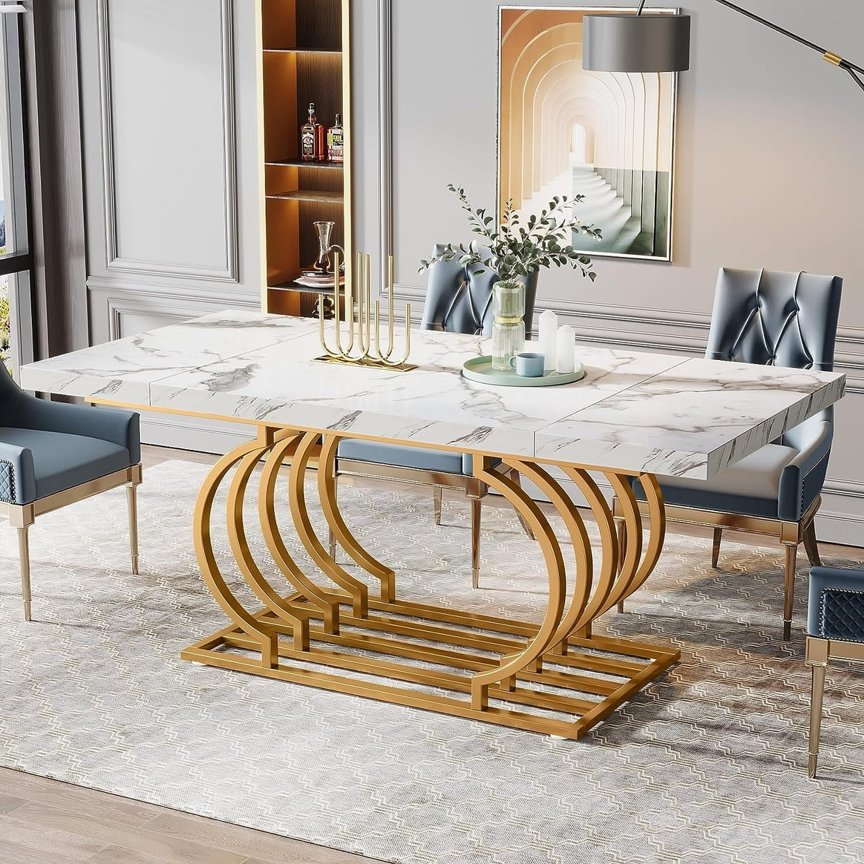 63 Inch Dining Table, Rectangular Dinner Room Table Kitchen Table for 6-8 People, Black & Gold